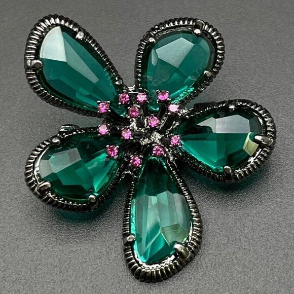 BijouStudios Brooches Jewelry - Gun Metal Gray Black with Emerald and Amethyst Crystal Flower Pin Back Brooch